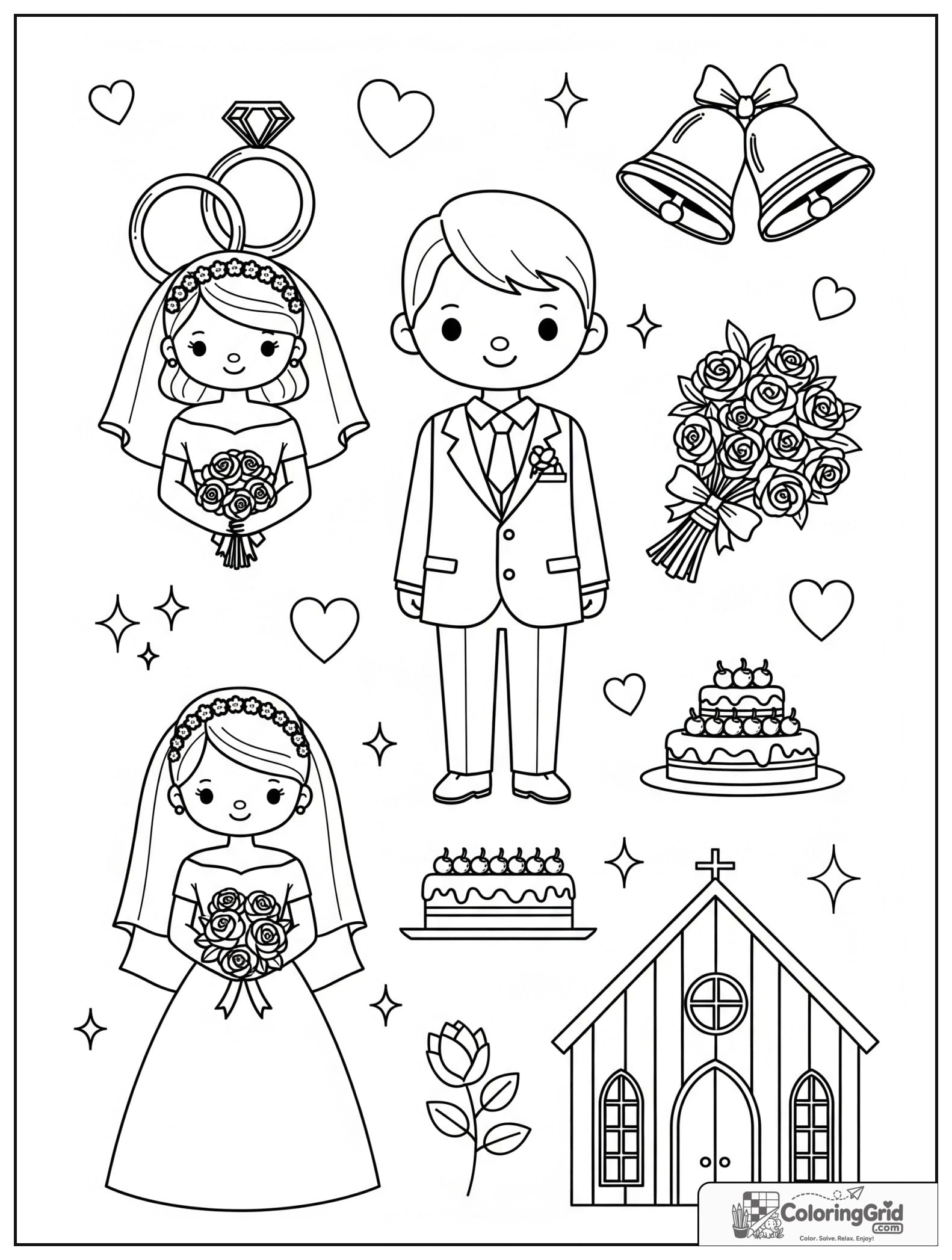 Cute wedding day collage with rings, cake, bouquet, and small heart decorations.