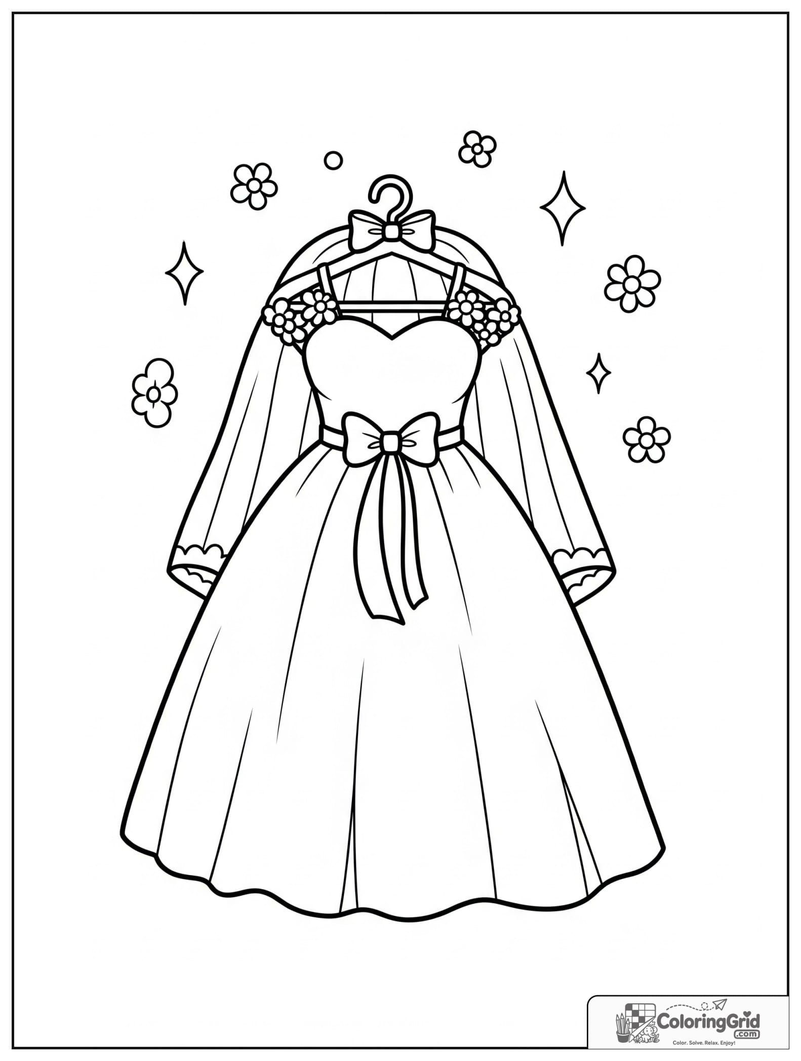 Cute wedding dress on a hanger with small sparkle decorations.