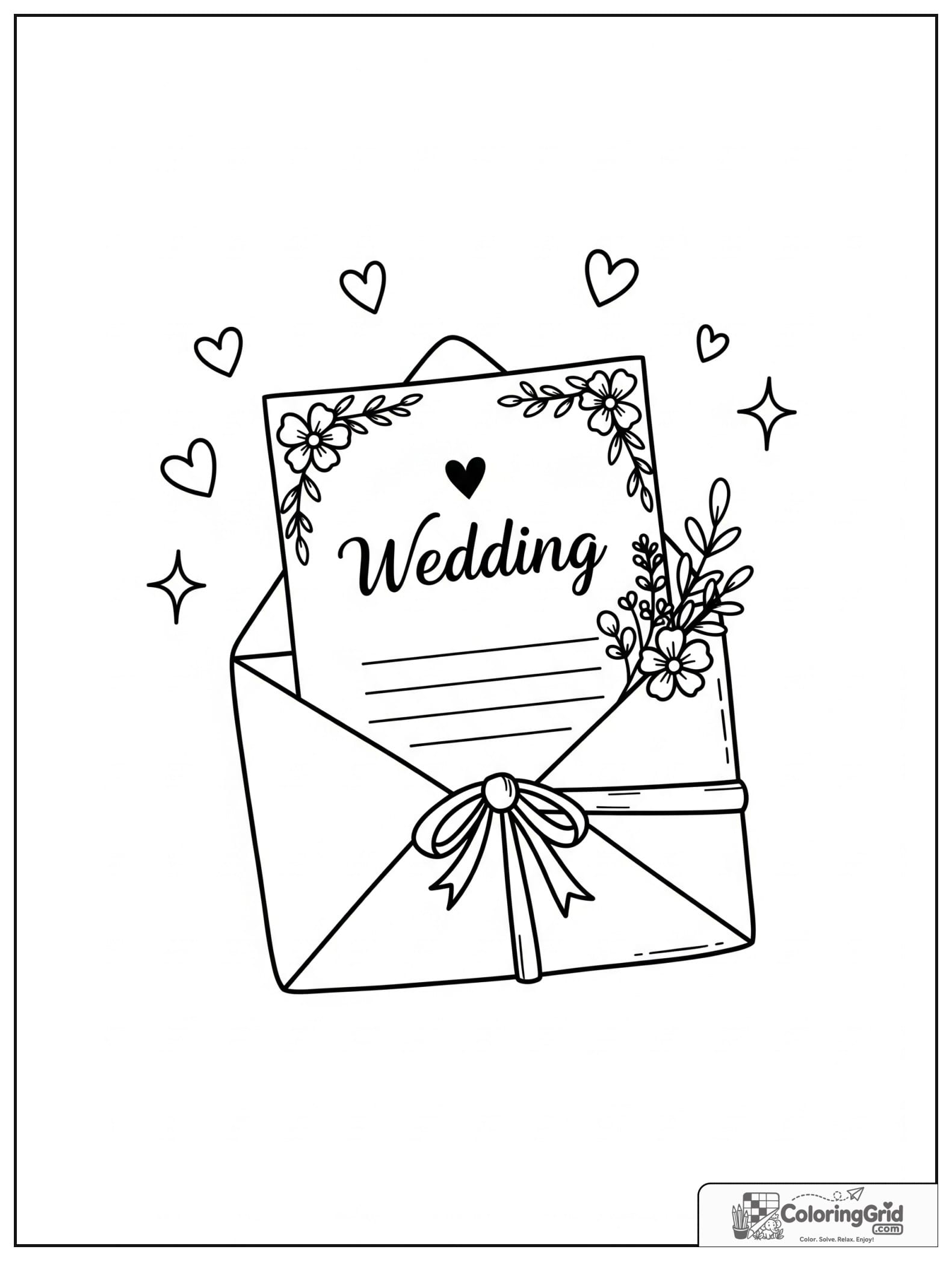 Cute wedding invitation in an envelope with small heart decorations.