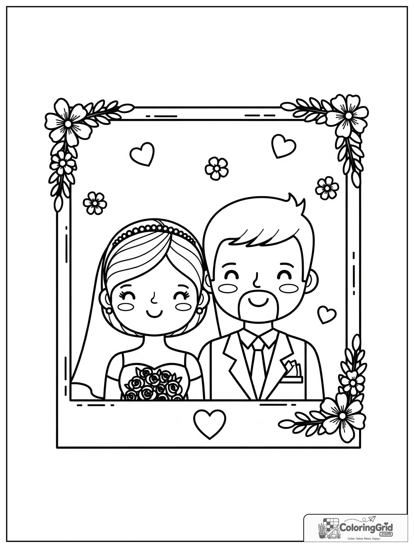 Cute wedding photo frame with a couple and small flower decorations.