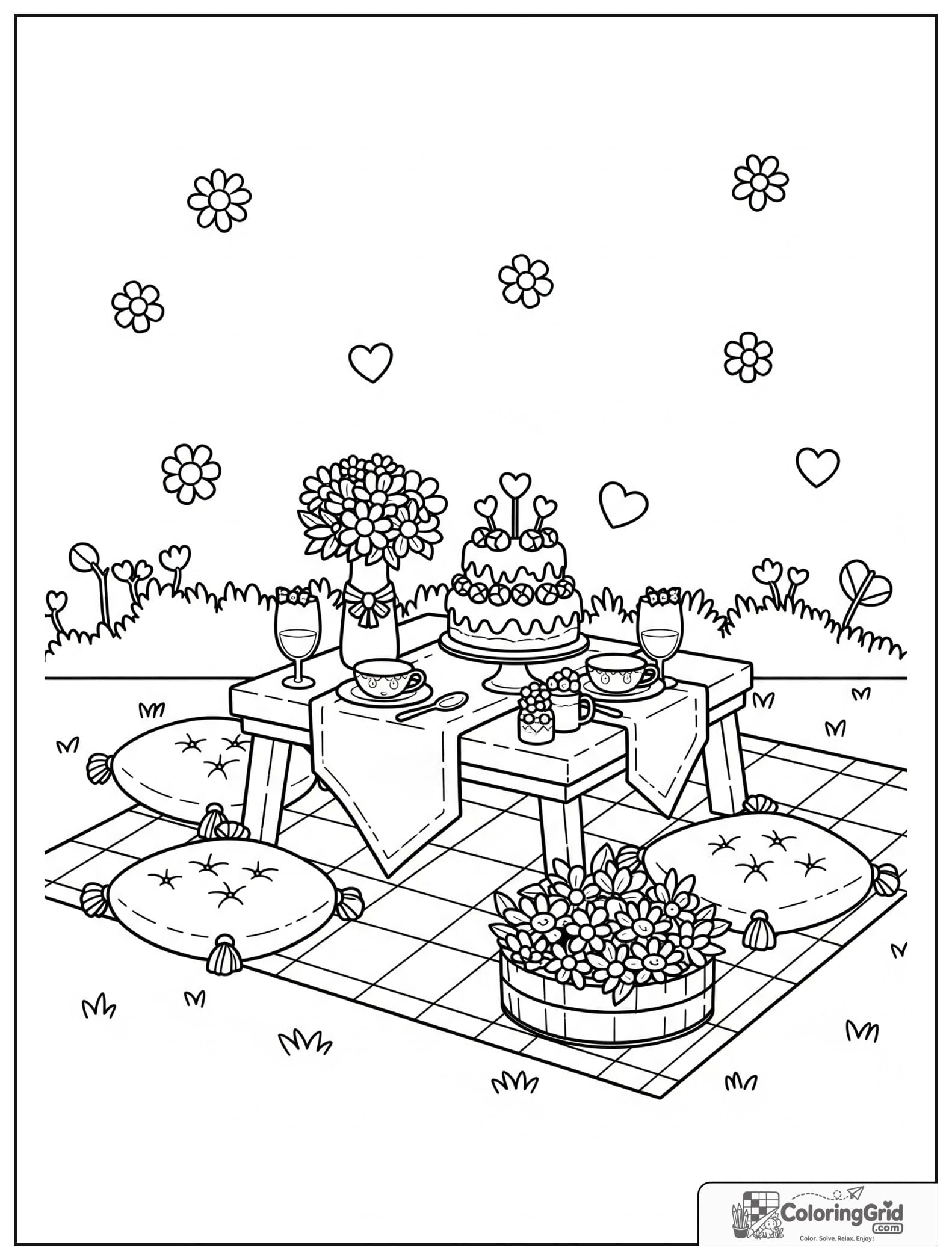 Cute wedding picnic reception with small heart and flower decorations.