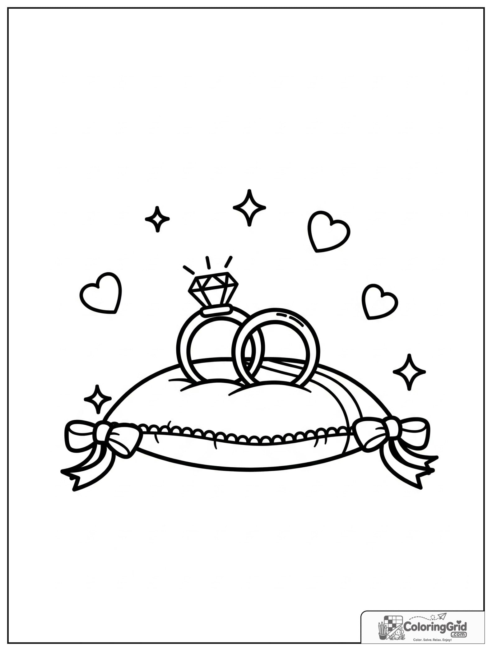 Cute wedding rings on a pillow with small heart decorations.