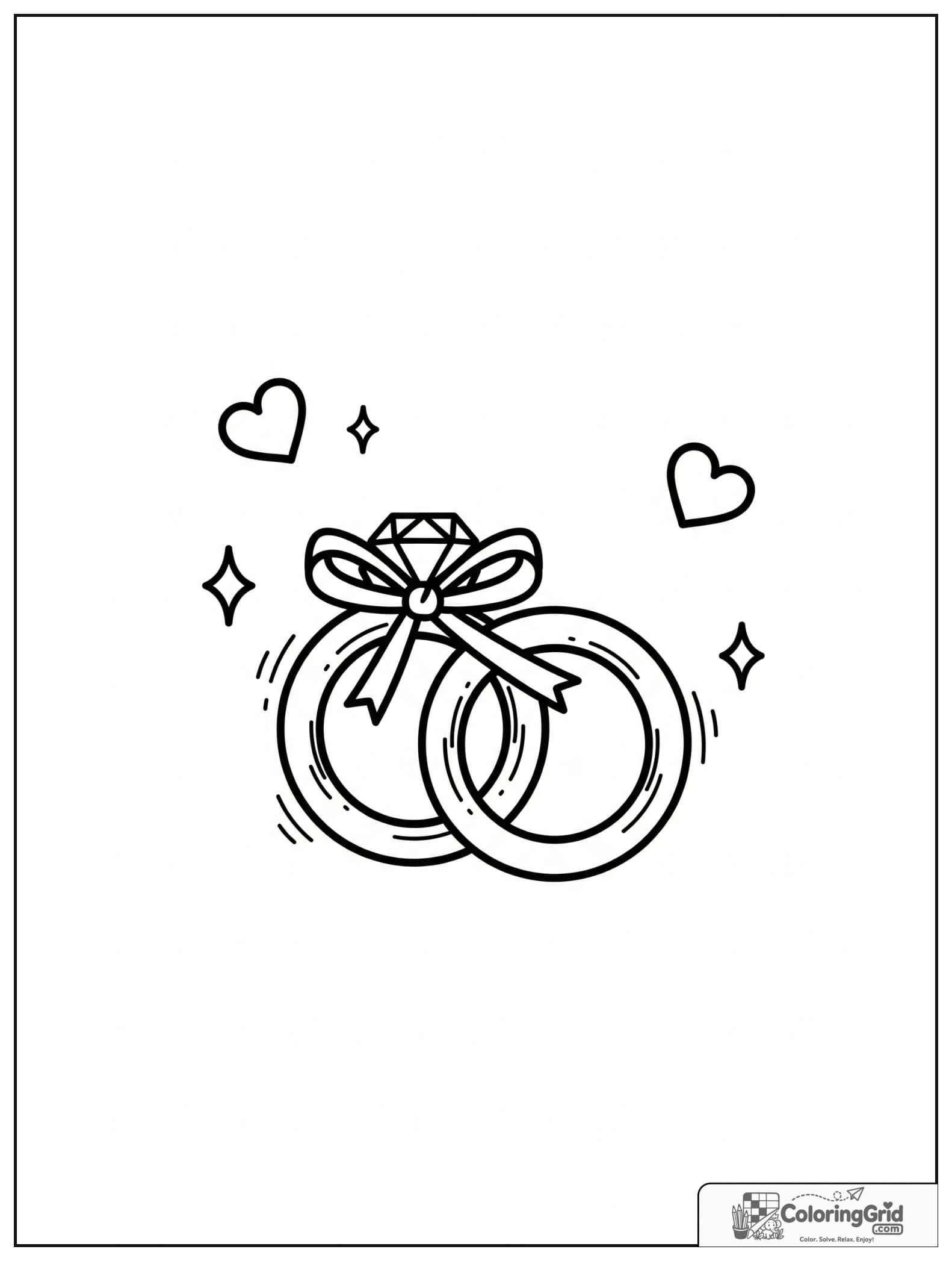 Cute wedding rings with a ribbon and small heart decorations.