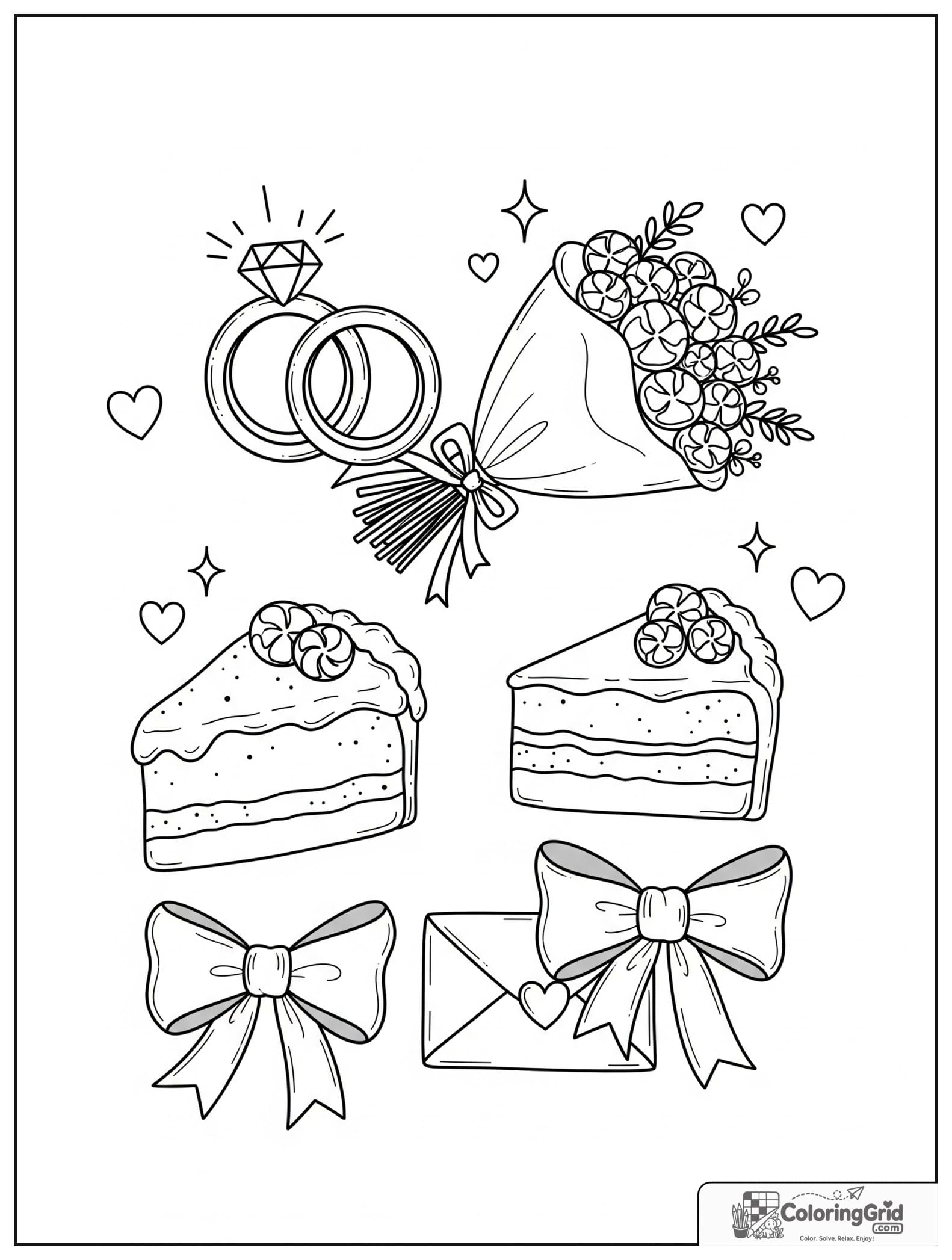 Cute wedding scrapbook elements with small heart and sparkle decorations.