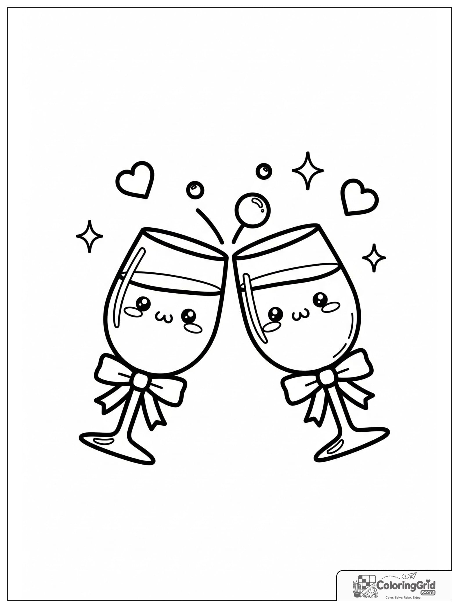 Cute wedding toast glasses with small heart and sparkle decorations.