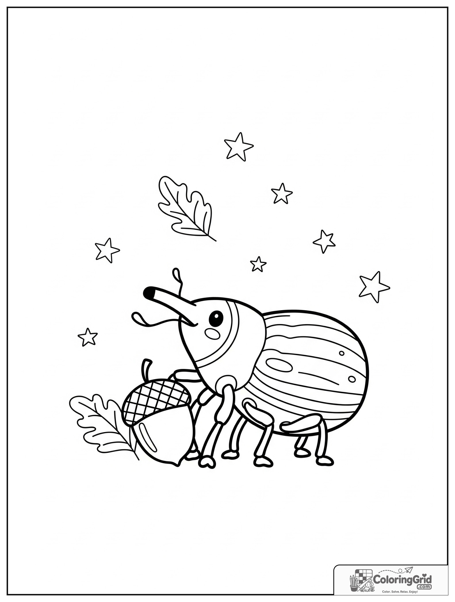 Cute weevil with an acorn and small leaf decorations.