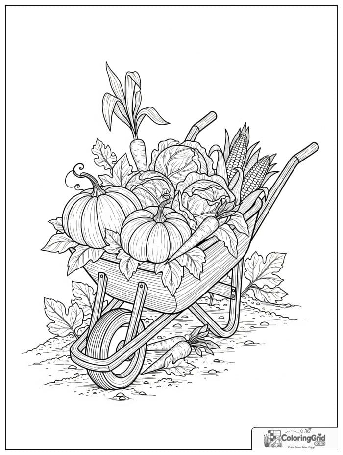 Vegetable coloring page featuring a wheelbarrow full of vegetables.