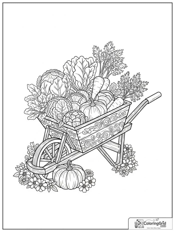 Garden coloring page featuring a wheelbarrow full of harvested vegetables.