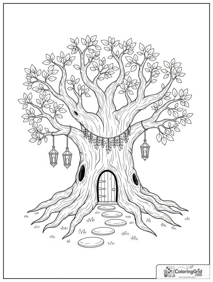 Whimsical cozy ancient tree with a tiny doorway and lanterns.
