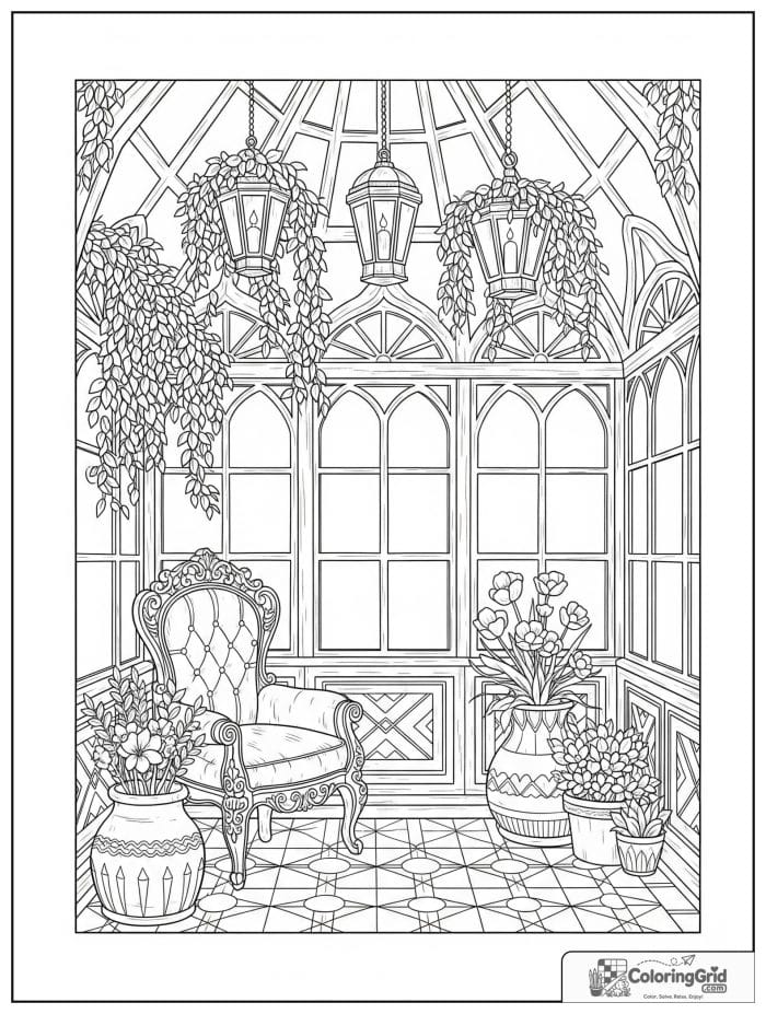 Whimsical cozy adult conservatory with vines, lanterns, and arched windows.