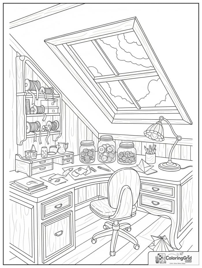 Whimsical cozy adult craft attic with ribbons, buttons, and a curved desk.