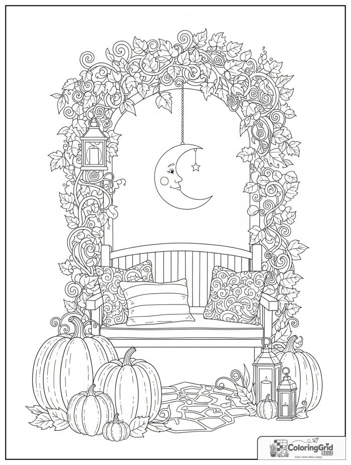 Whimsical cozy fall porch with pumpkins, lanterns, and moon sign.