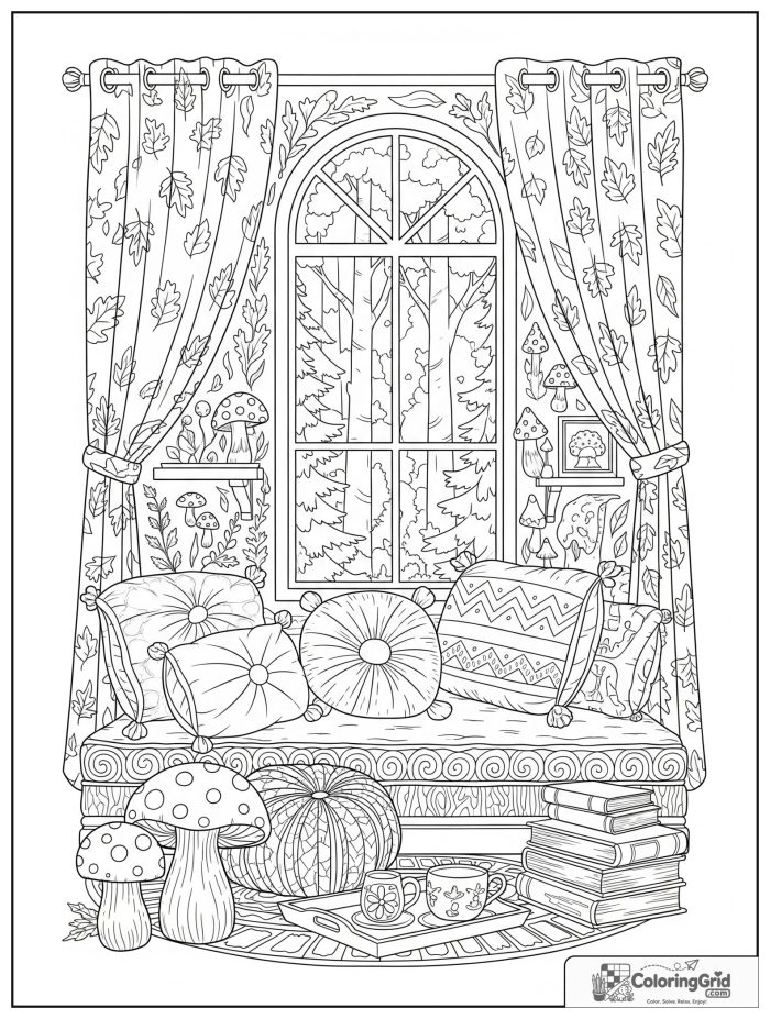 Whimsical cozy fall window room with cushions, mushrooms, and books.