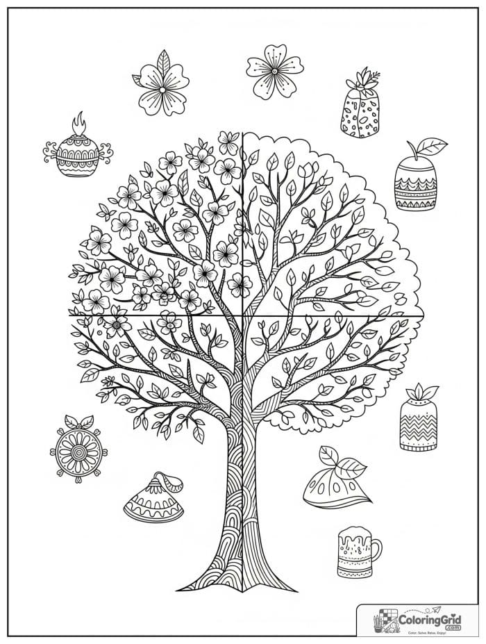 Whimsical cozy tree showing all four seasons.