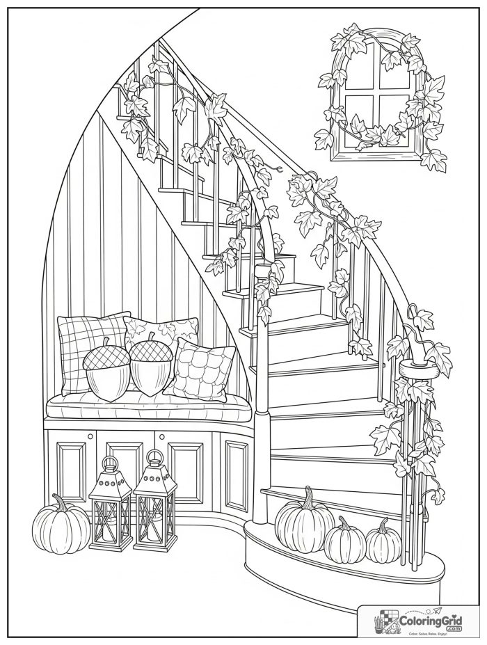 Whimsical cozy fall stair nook with lanterns, pumpkins, and reading bench.
