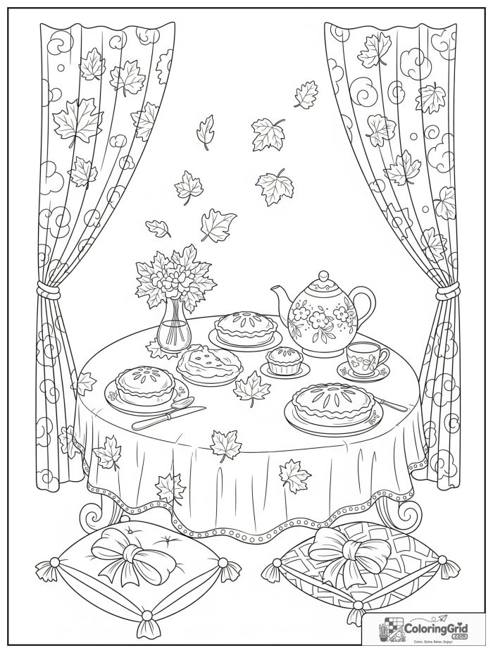 Whimsical cozy fall tea room with pie, teapot, and floating leaves.