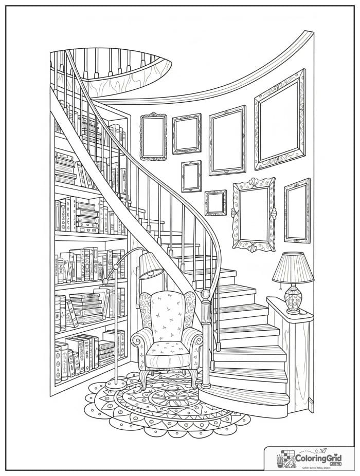 Whimsical cozy adult library with a curved staircase and armchair.