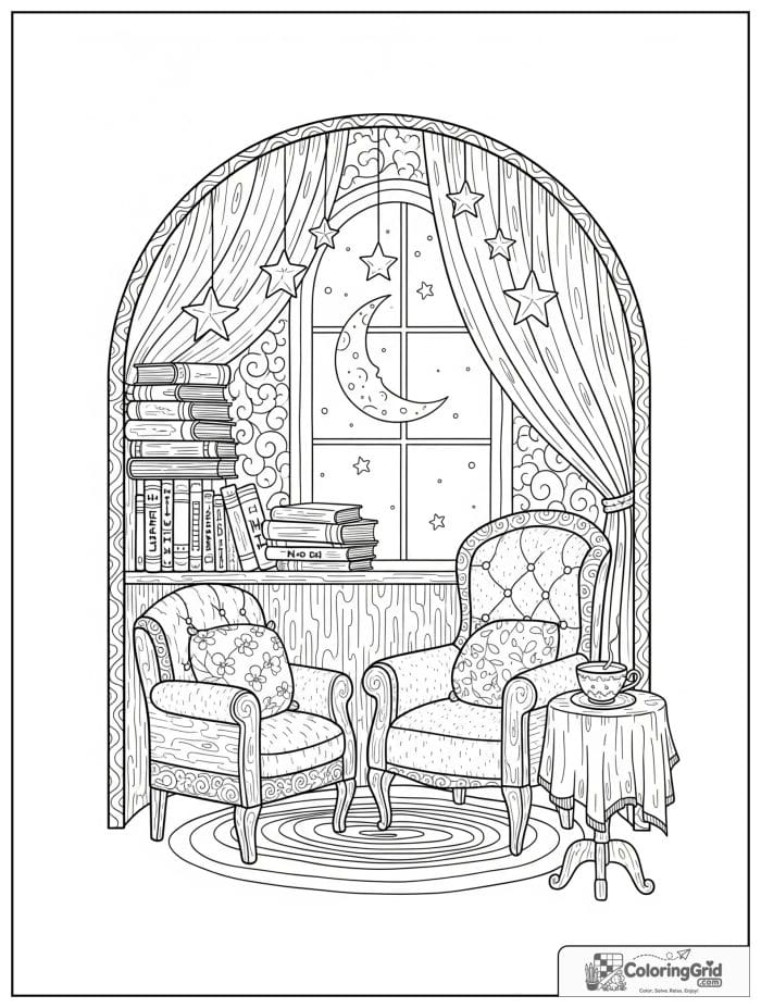 Whimsical cozy adult reading alcove with a moon window and books.