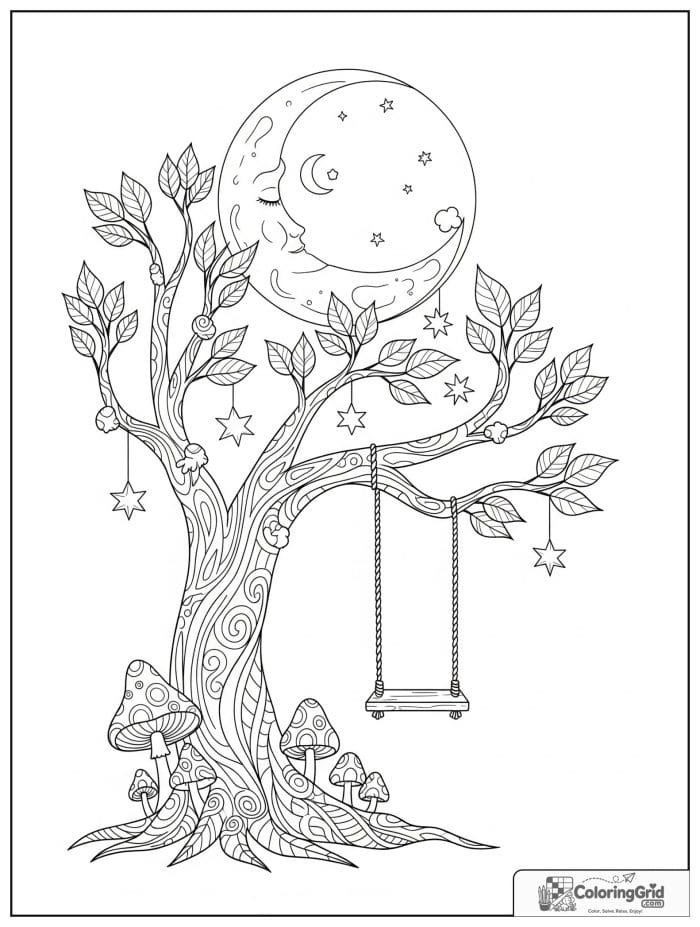 Whimsical cozy moonlit tree with a swing and stars.