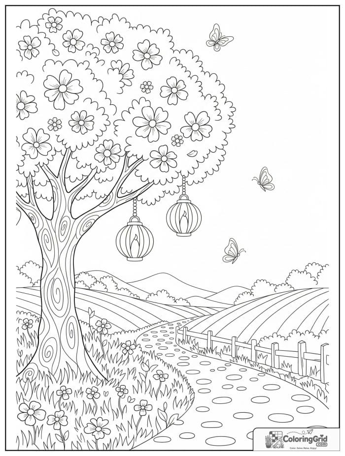Whimsical cozy orchard tree beside a lantern-lined path.