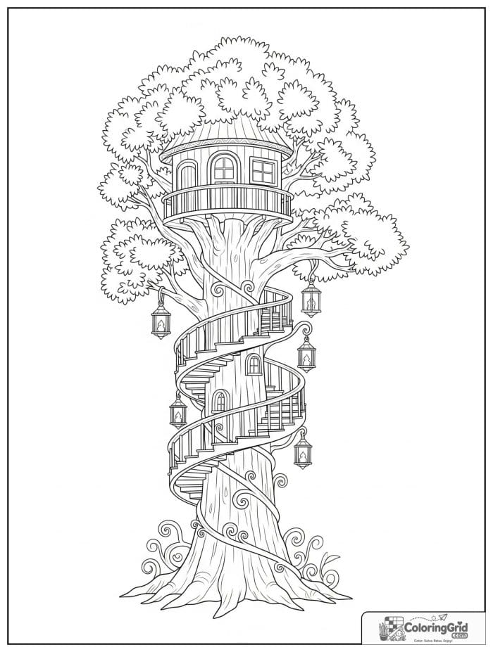 Whimsical cozy towering tree with a spiral treehouse.