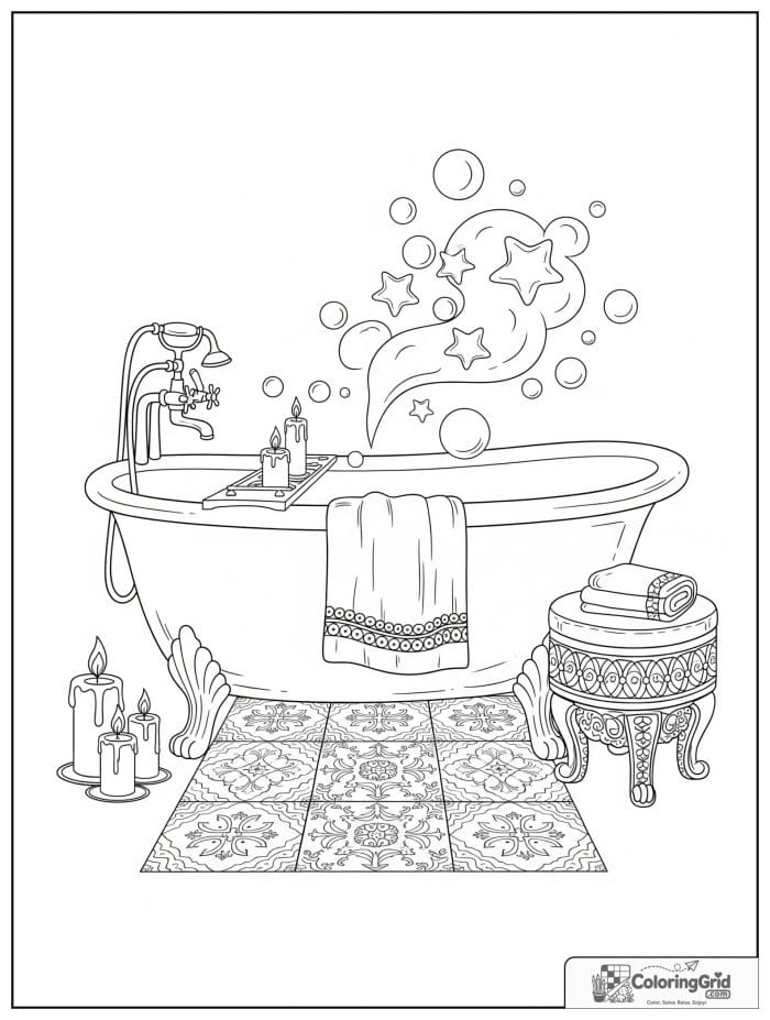 Whimsical cozy adult bathroom with clawfoot tub and star-shaped bubbles.