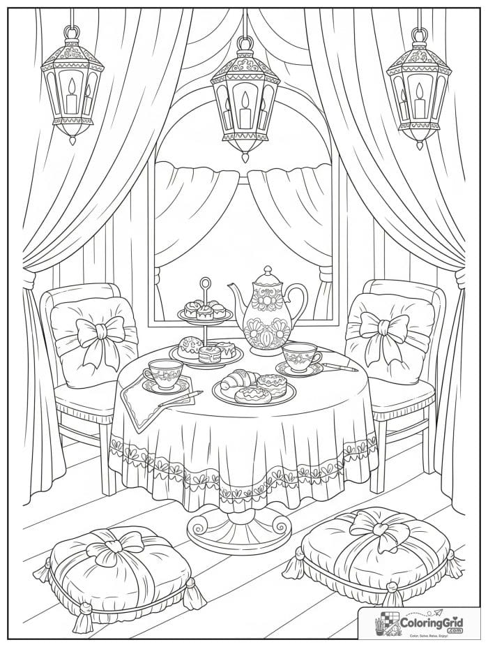 Whimsical cozy adult tea salon with pastries, lanterns, and curved table.