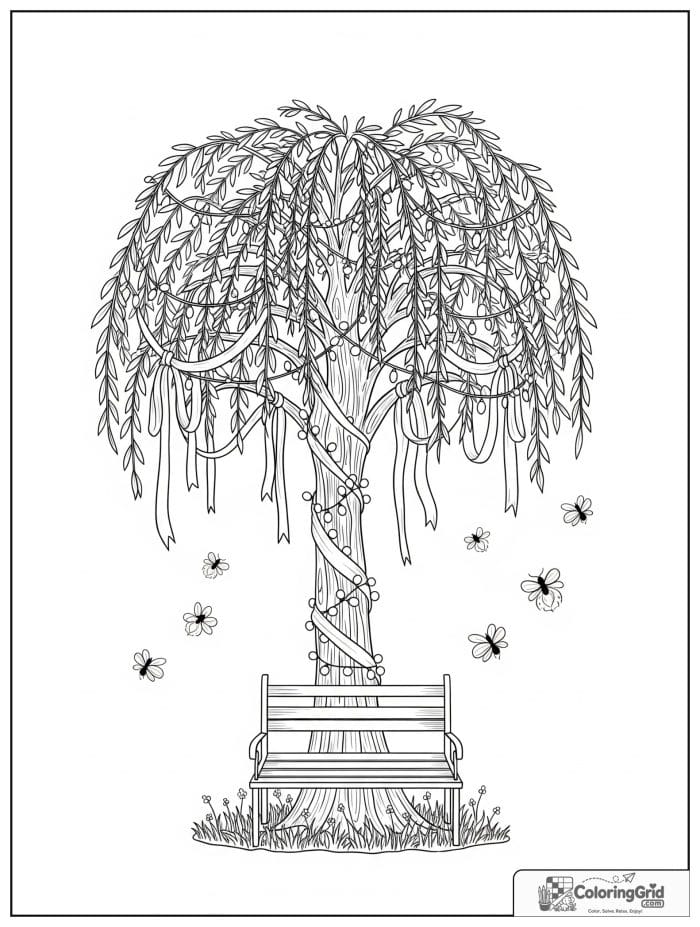 Whimsical cozy willow tree with fairy lights and ribbons.