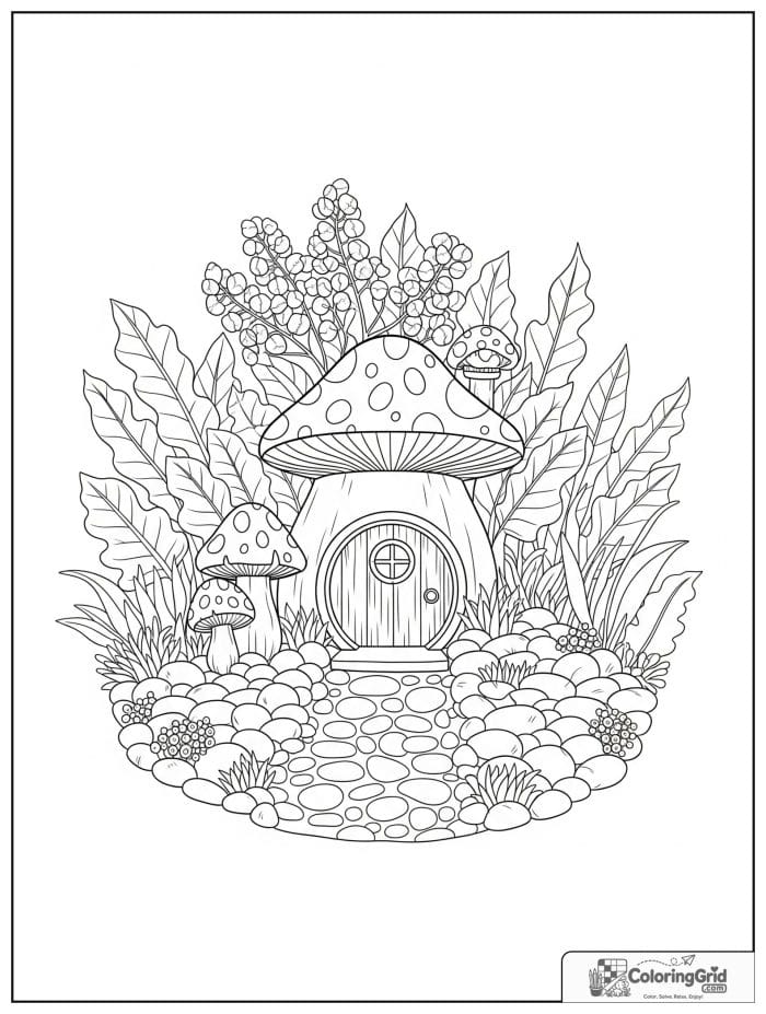 Garden coloring page featuring a whimsical miniature garden scene.