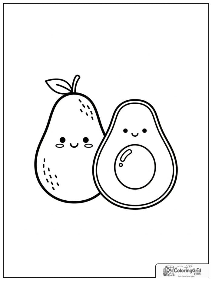 Whole and half avocado pair for avocado coloring pages