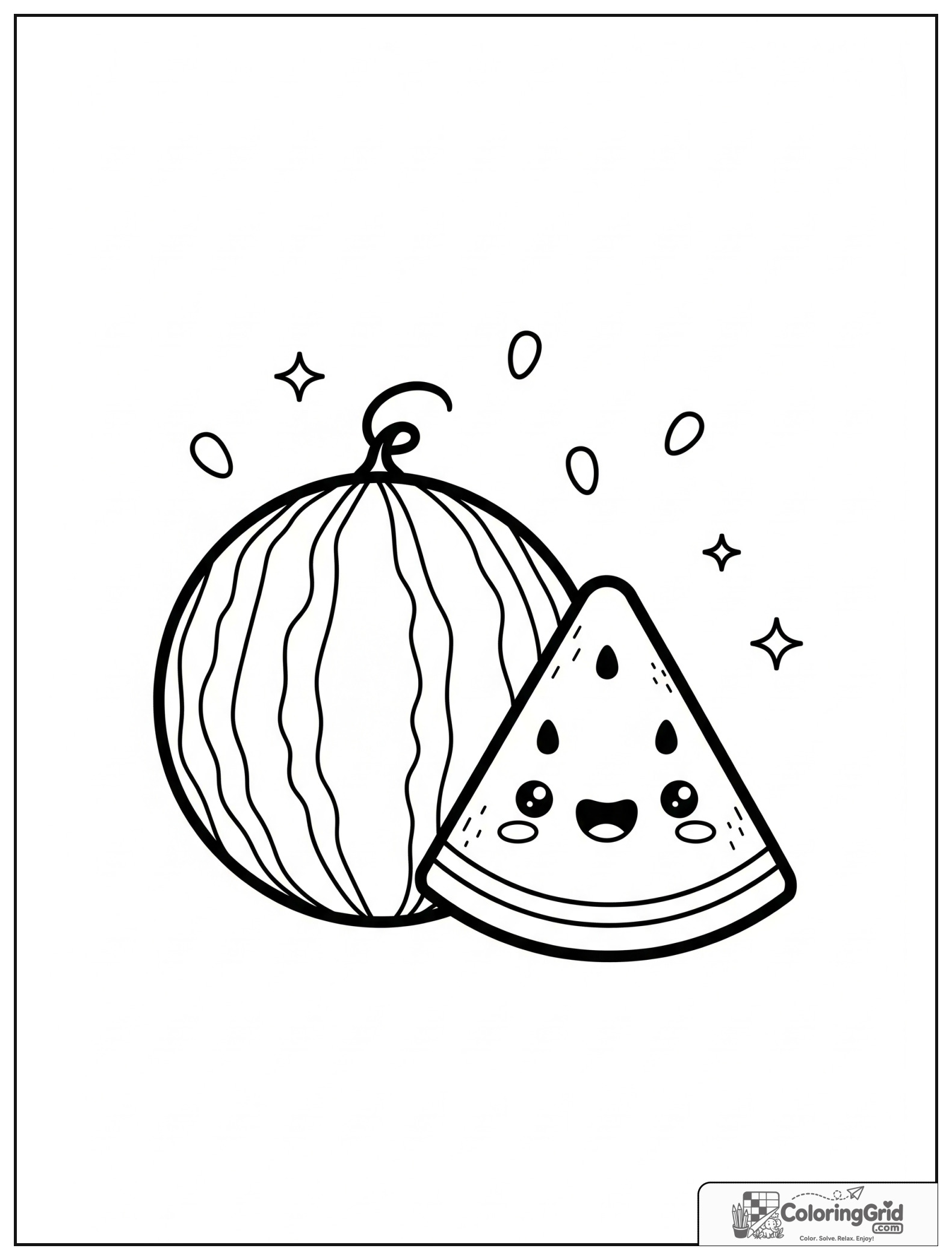 Cute whole watermelon with a slice and small seed decorations.