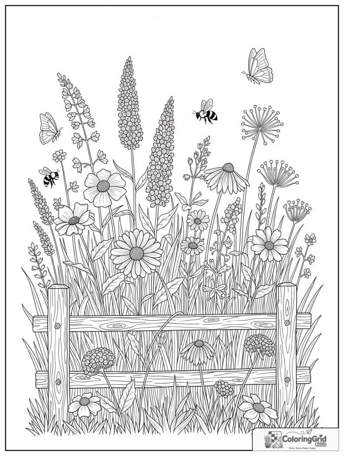 Garden coloring page featuring a wildflower pollinator meadow.