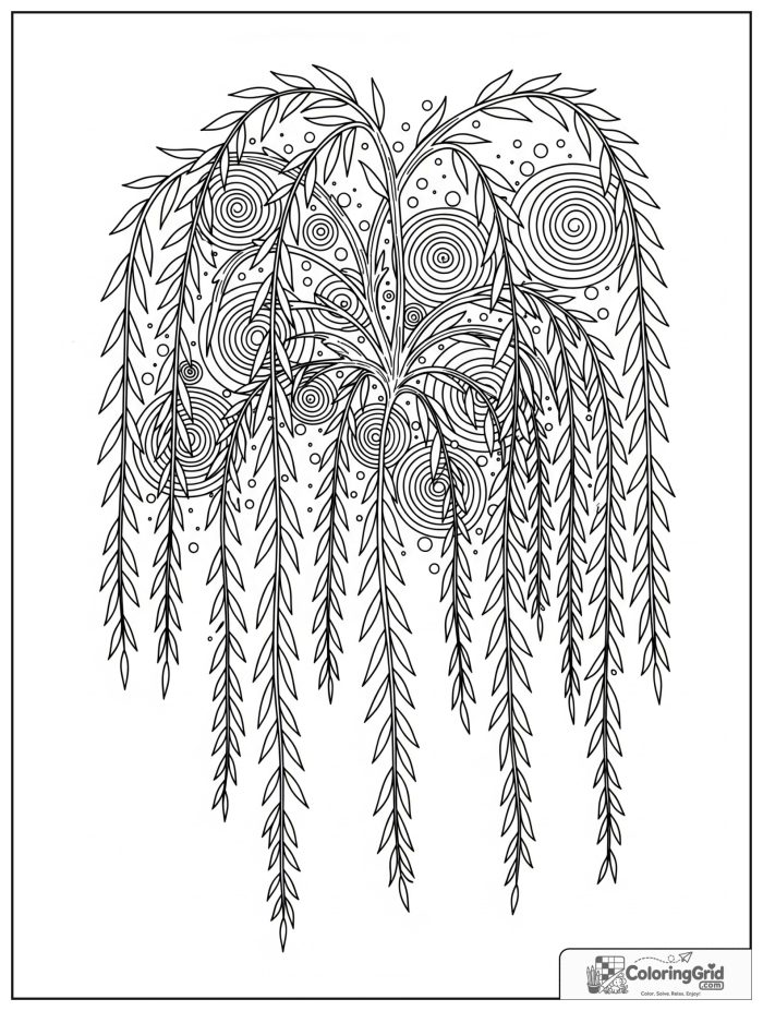 Relaxing willow mandala with drooping leaf forms and ripple circles.