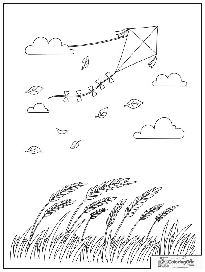 Weather Coloring Pages for Seasons showing a windy day with flying leaves and a kite.