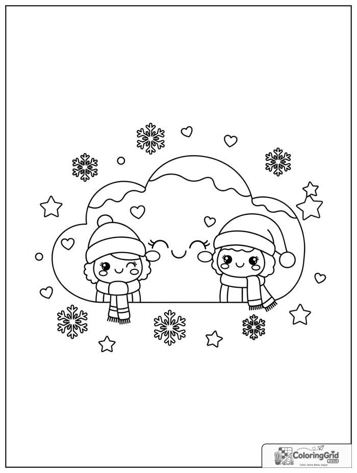 Weather Coloring Pages for Seasons showing a winter cloud and snowflake friends.