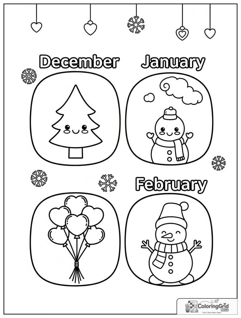 Cute winter months collage with December January and February themes.