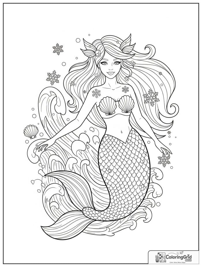 Mermaid coloring page featuring a winter sea mermaid with snowflake accents.