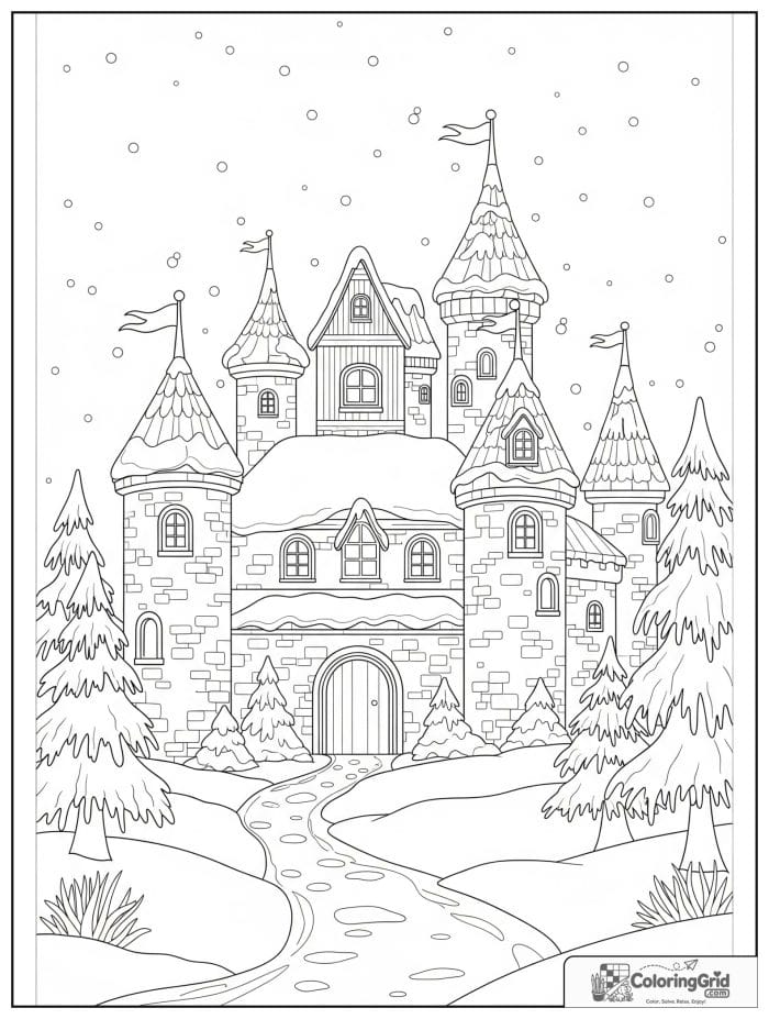 Castle coloring page featuring a winter castle covered in snow.