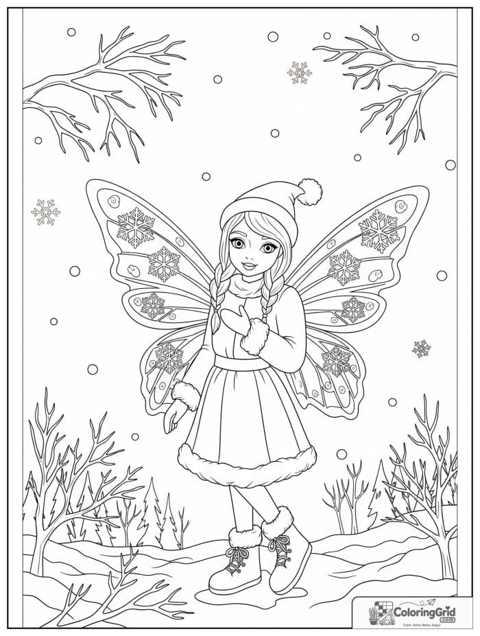 Fairy coloring page featuring a winter fairy with snowflakes.