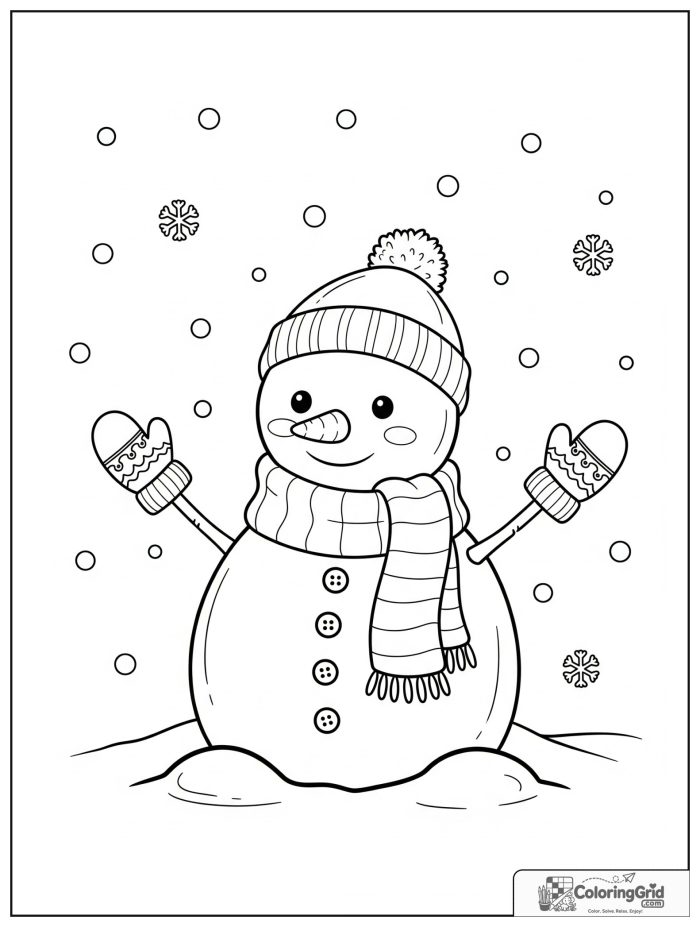 Weather Coloring Pages for Seasons showing a winter snowman in snowfall.