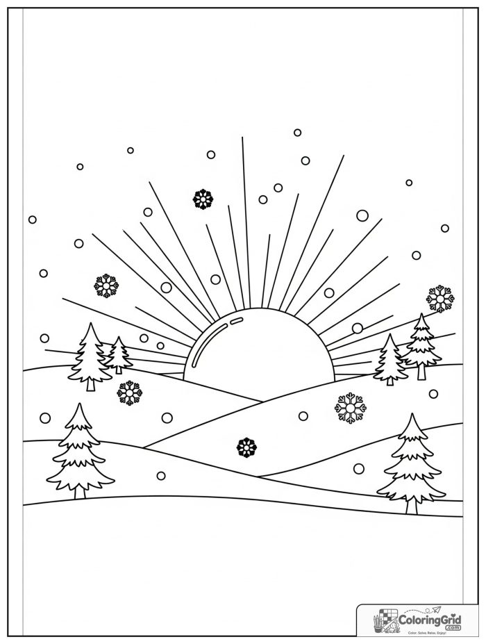 Weather Coloring Pages for Seasons featuring a winter sun over snowy hills.