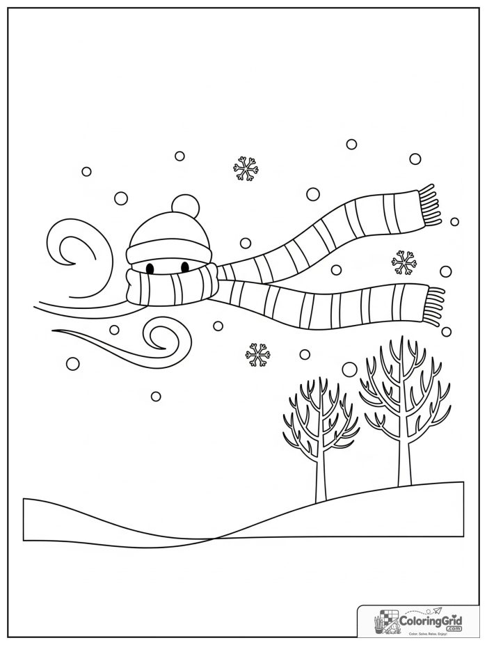 Weather Coloring Pages for Seasons showing winter wind with a scarf.