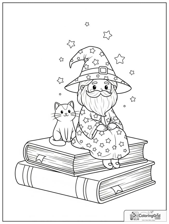 Wizard Coloring Pages showing a wizard and cat on books.