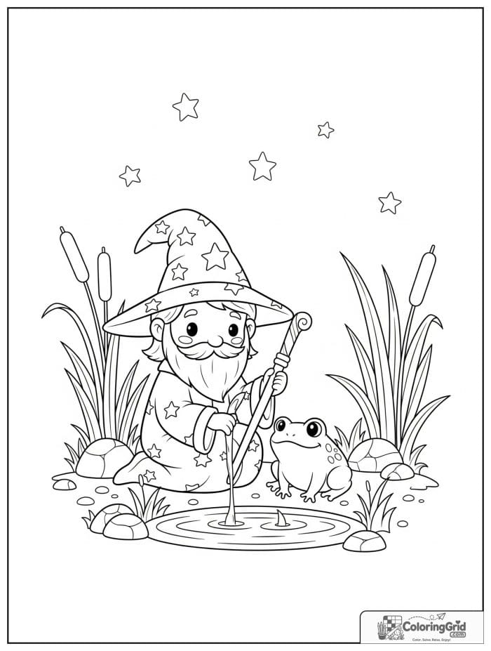 Wizard Coloring Pages featuring a wizard and frog by a pond.