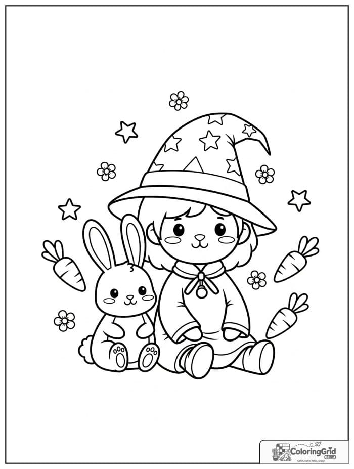 Wizard Coloring Pages showing a wizard with a rabbit friend.