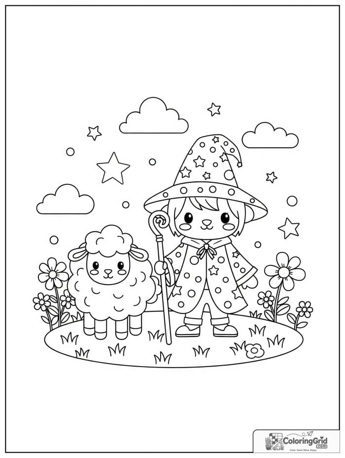 Wizard Coloring Pages showing a wizard with a sheep in a meadow.