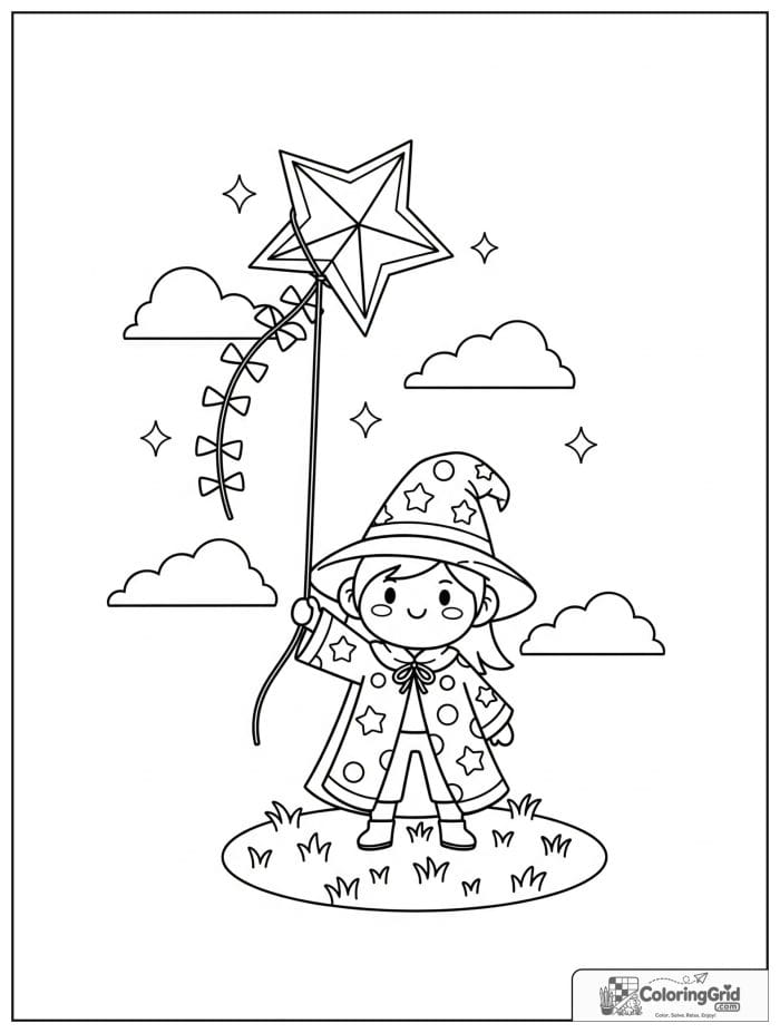 Wizard Coloring Pages showing a wizard flying a kite.