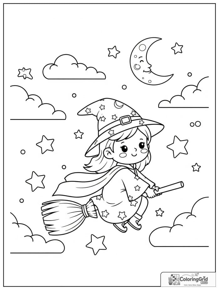 Wizard Coloring Pages featuring a wizard flying on a broom.