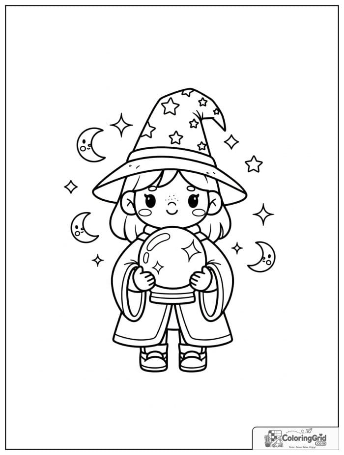 Wizard Coloring Pages showing a wizard holding a crystal ball.