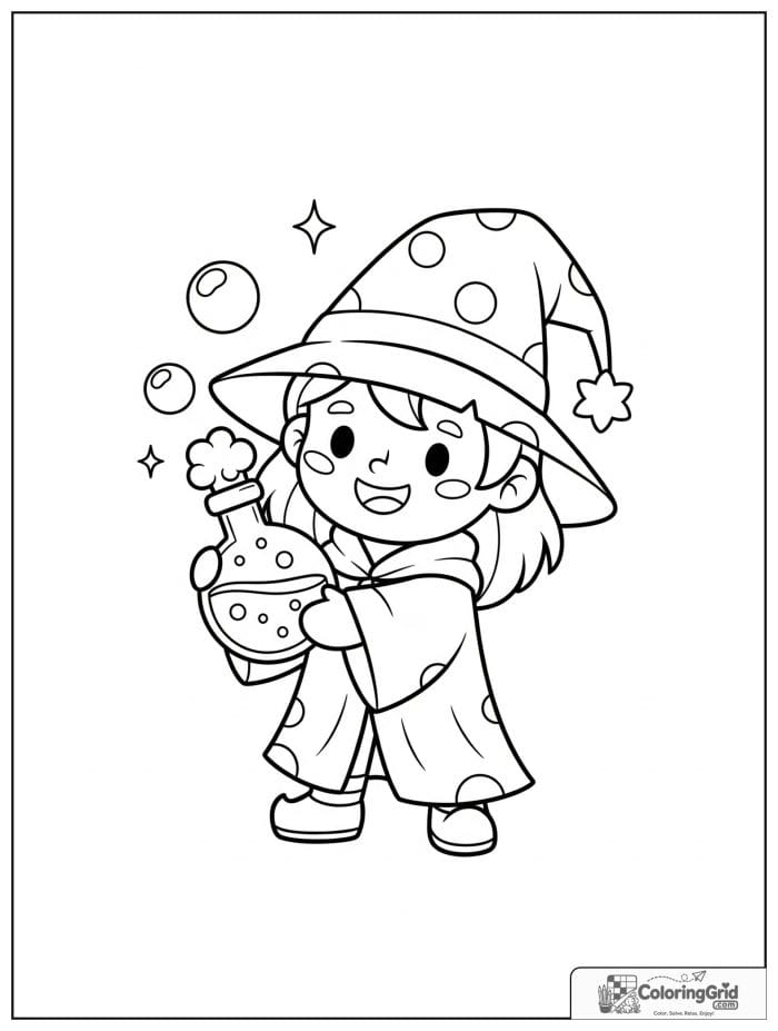 Wizard Coloring Pages featuring a wizard holding a potion bottle.